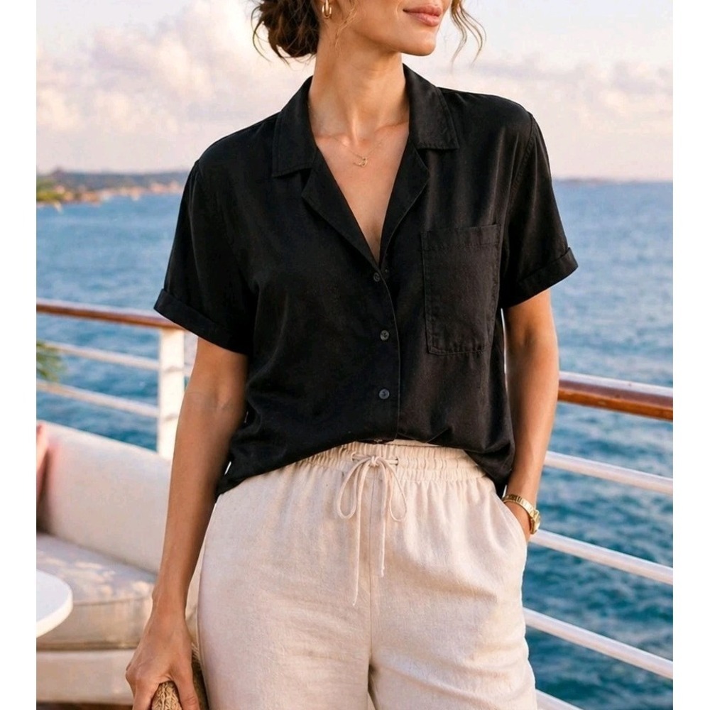 Members Mark Tencel Camp Shirt Black Lyocell Button Up Women L NWT Soft